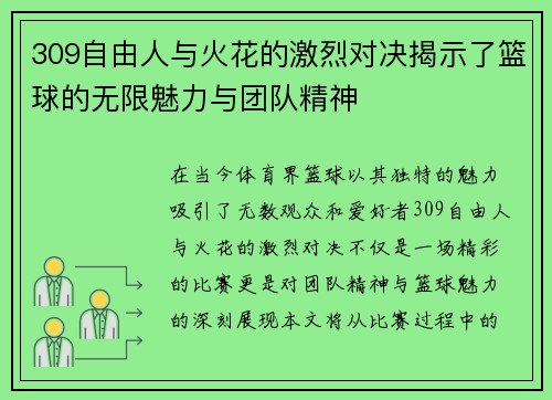 309自由人与火花的激烈对决揭示了篮球的无限魅力与团队精神